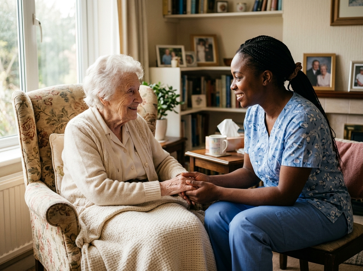 Compassionate Diverse Hospice Care — African Nurse with Caucasian Senior Patient