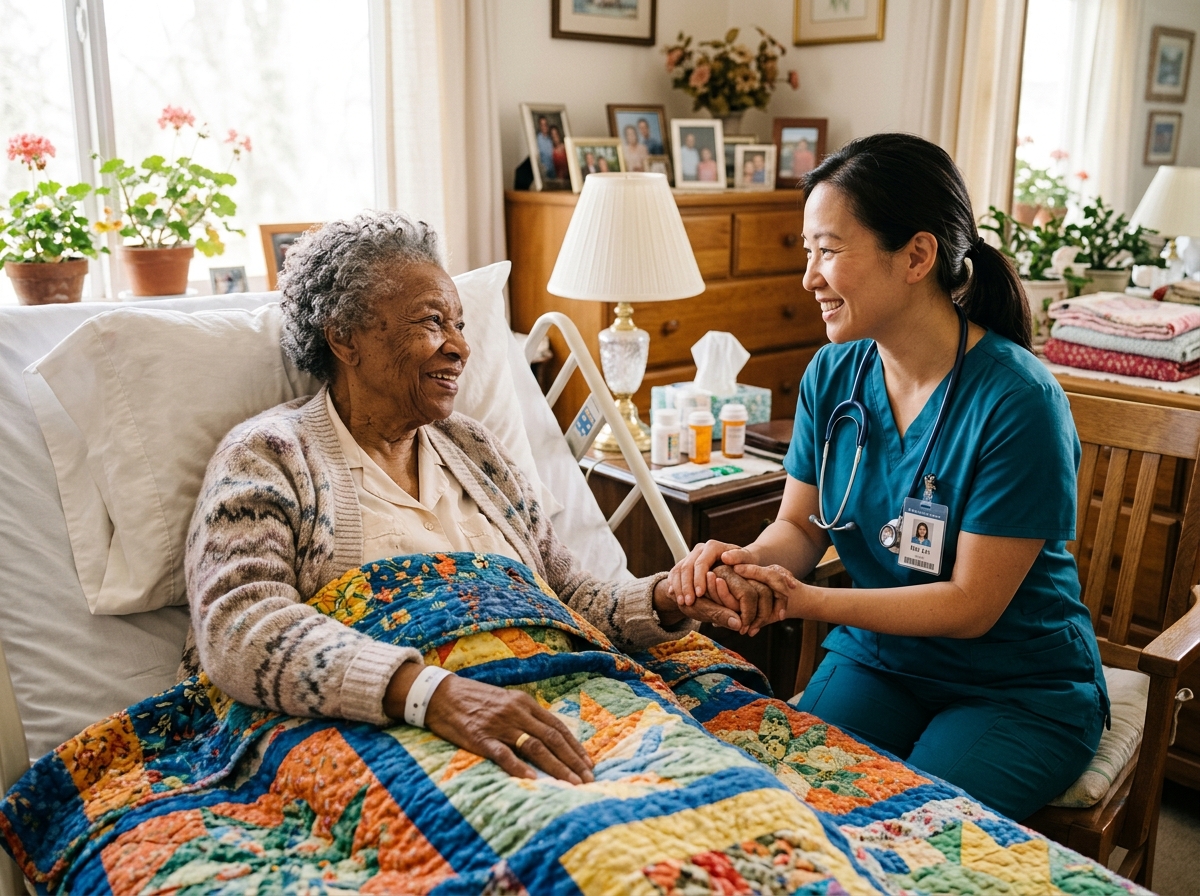 Asian Nurse with African Senior